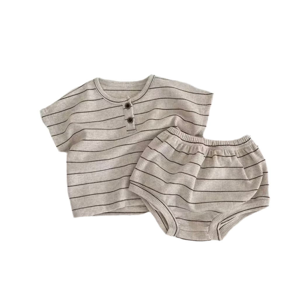 Summer Baby Outfit Set – Striped Short Sleeve Tee & Bloomer Shorts